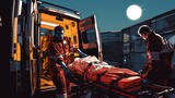 Paramedic team transfer man on ambulance stretcher into emergency car. 
