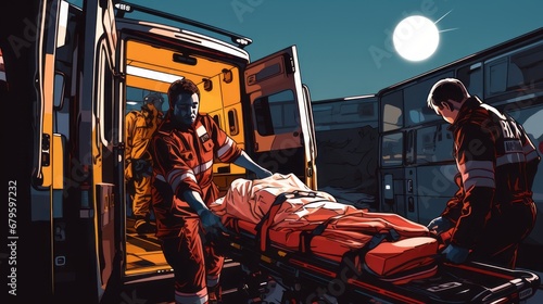 Paramedic team transfer man on ambulance stretcher into emergency car.  photo