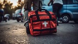 Selective focus is first aid bag. Team paramedic firs aid accident on road. Ambulance emergency service. First aid procedure.