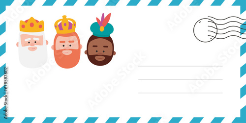 Envelope of the wise men. The three kings of orient, Melchior, Gaspard and Balthazar. Funny vectorized letter.