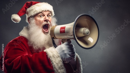 Santa looks out from behind advertising white banner and speaking loudspeaker.