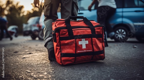 Selective focus is first aid bag. Team paramedic firs aid accident on road. Ambulance emergency service. First aid procedure. photo
