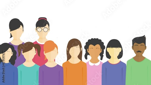 Diversity People Animation.  An animation of cartoon diversity people appearing one at a time against a white background.