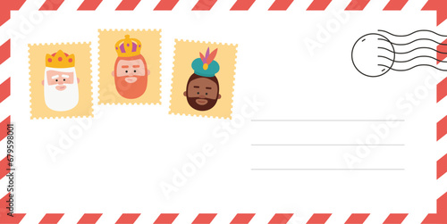 Envelope of the wise men. The three kings of orient, Melchior, Gaspard and Balthazar. Funny vectorized letter.