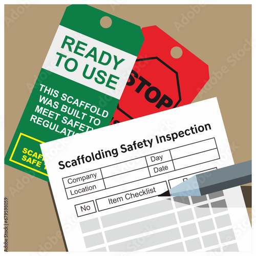 Scaffolding safety inspection checklist document with green and red tag. Vector illustration for industrial, construction safety procedure.