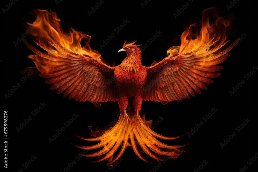 Fototapeta premium Phoenix is flying burning with fire. Birds. Mythical creatures. by Generative AI