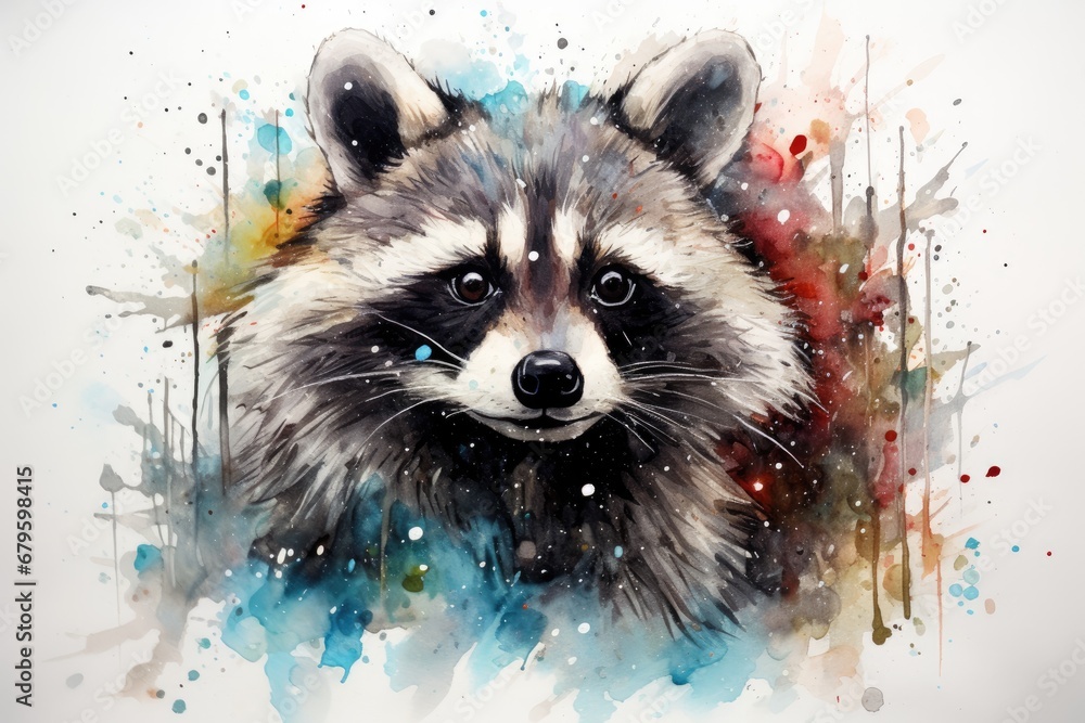 watercolor Raccoon Watercolor drawing of an animal - colored raccoon - obrazy, fototapety, plakaty 
