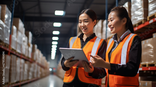 Two Asian female professionals in a warehouse setting, engaged in inventory management. photo
