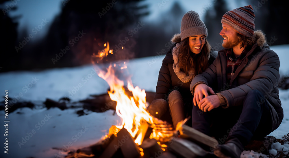 Couple enjoying a winter bonfire in snowy landscape. Shallow field of view.
Couple enjoying a winter bonfire in snowy landscape. Shallow field of view.