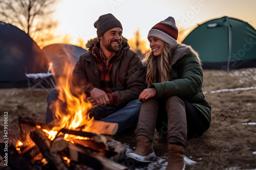 Couple enjoying a winter bonfire in snowy landscape. Shallow field of view. 