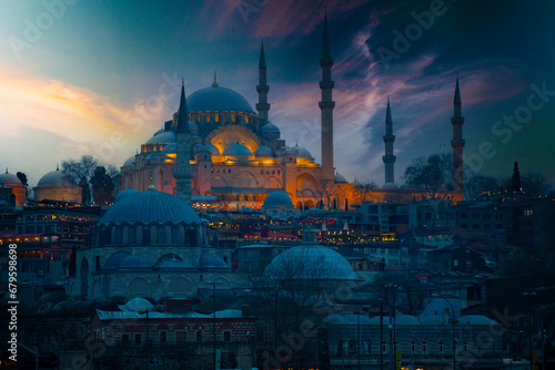 Suleymaniye Mosque, Beautiful sunny view of Istanbul with old mosque in Istanbul, Turkiye.