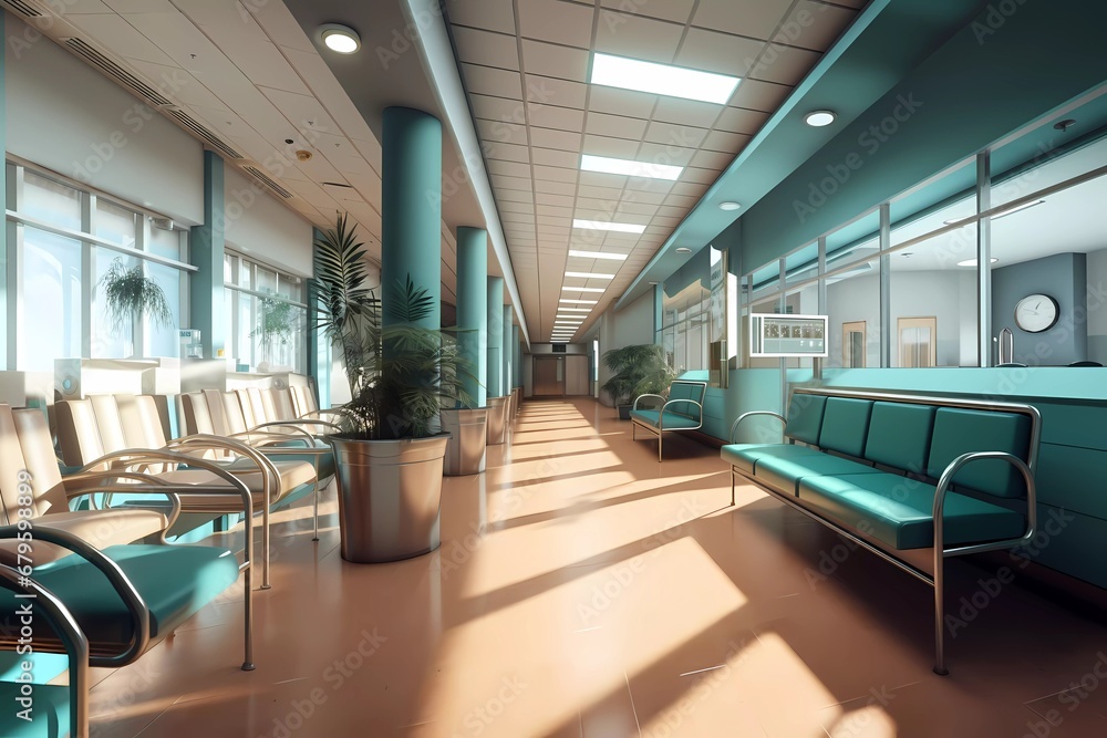 hospital hallway, clinic reception with seating for queues. generative ...