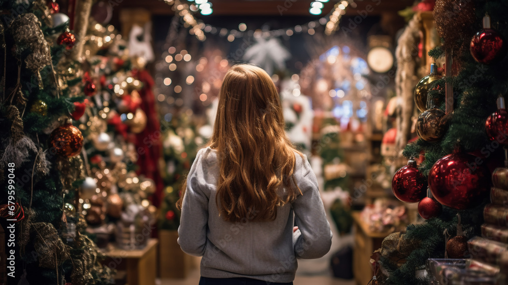 Beautiful girl from the back standing in a colorful christmas decorated shop interior choosing party holiday festive decor. Beautiful girl from the back standing in a colorful christmas decorated shop interior choosing party holiday festive decor.