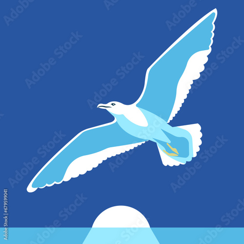 One seagull flying on top of the sea. Gull soar. Seagull spread wings. Simple ocean background with sunset. Vector graceful gull. Elegant single bird soaring. Graphic seagull for your design.