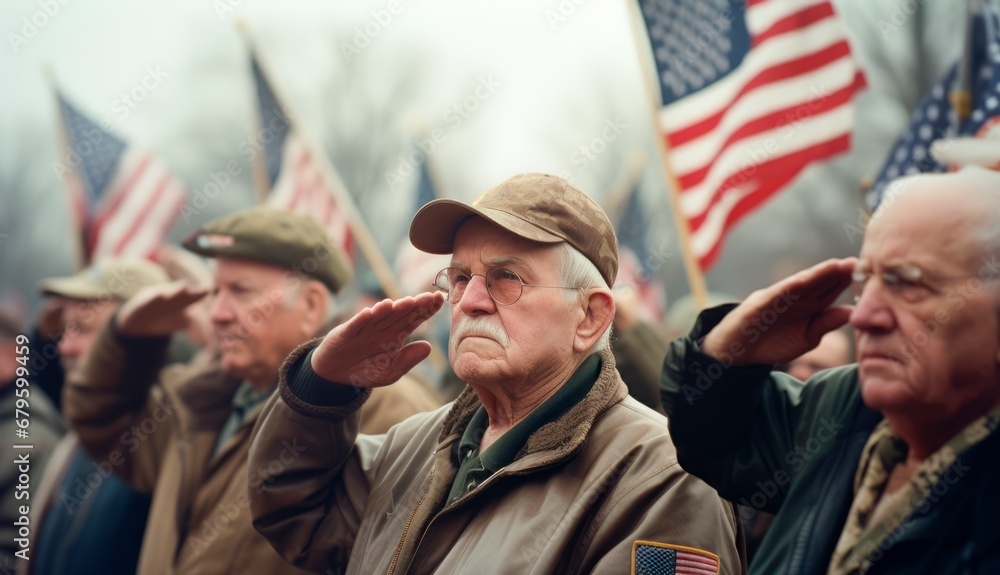 Old American War Veterans Saluting Fallen Comrades' Graves.The concept for American Veterans Day, Memorial Day, and Independence Da - obrazy, fototapety, plakaty 