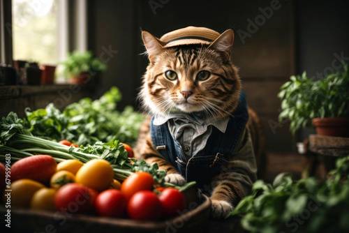 Adorable character, cute cat farmer in a shirt and wicker hat grows fresh vegetables in his garden, tomatoes and lettuce. Beautiful image, postcard.