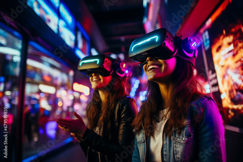 two girls freaking out with virtual reality glasses in an environment full of neon lights and technology