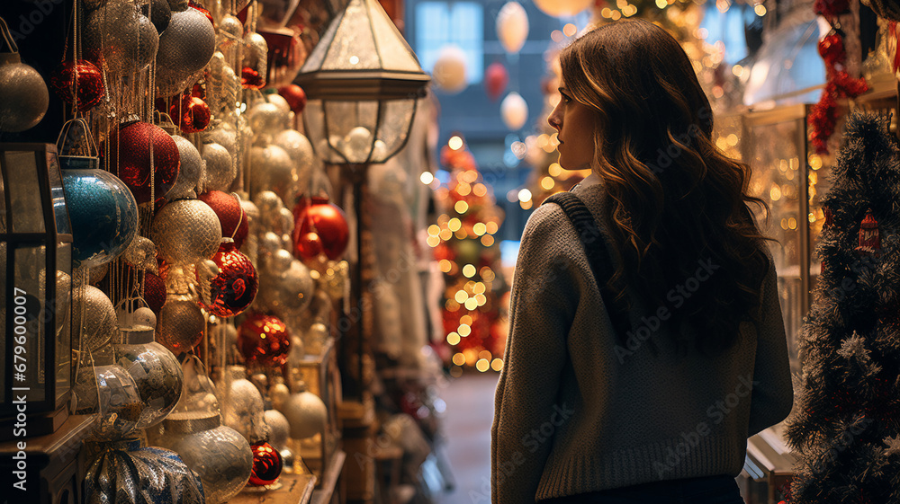 Beautiful girl from the back standing in a colorful christmas decorated shop interior choosing party holiday festive decor.