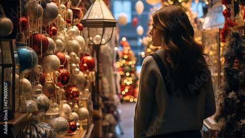 Beautiful girl from the back standing in a colorful christmas decorated shop interior choosing party holiday festive decor.