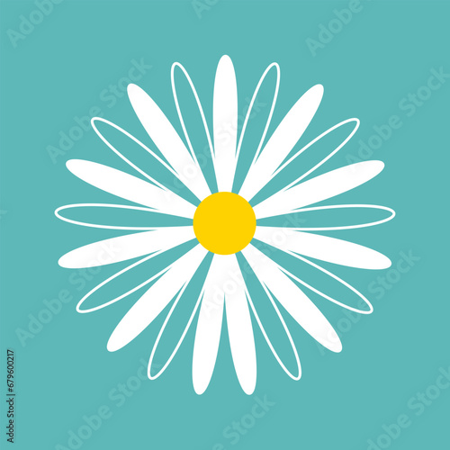 Cute daisy Chamomile. White big camomile icon. Contour line doodle. Cute round flower head plant collection. Growing concept. Nature style. Love card. Flat design. Blue background.