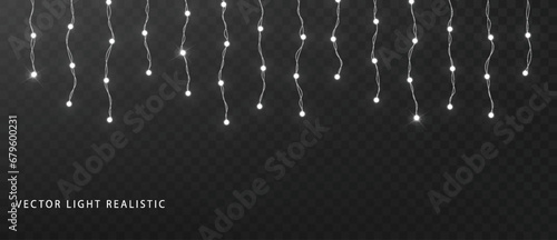 Christmas holiday lights on transparent background. Vertical led garland for holiday decoration. Hanging glowing bulbs.