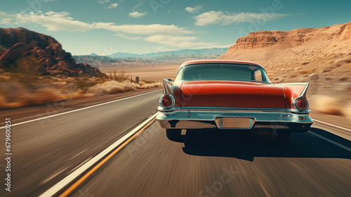 Classic retro vintage American car driving on highway at sunset