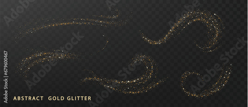 Abstract wave gold glitter isolated. Star dust explosion. Element design for invitation, wedding, Christmas card on dark.