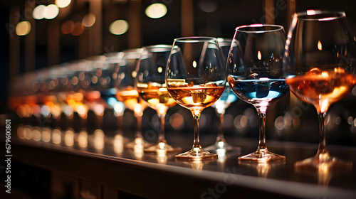 Filled wine glasses on a wooden bar with a blurred restaurant background photo