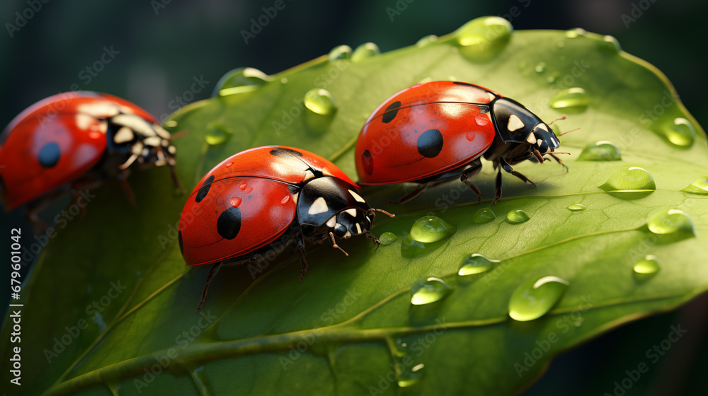 Obraz premium Ladybug on a leaf with dew drops