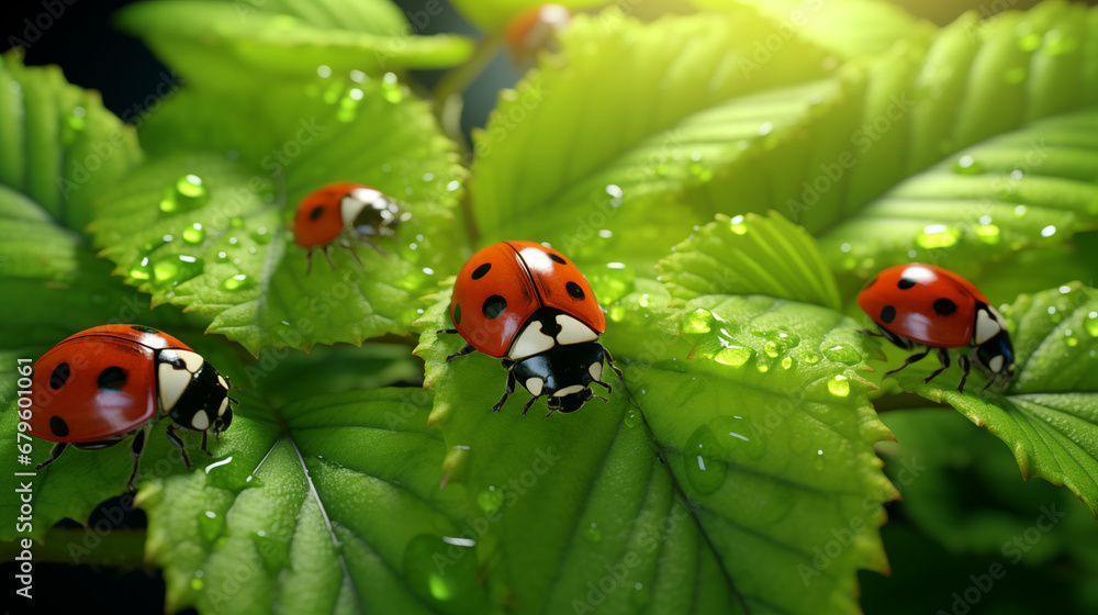 Fototapeta premium Ladybug on a leaf with dew drops