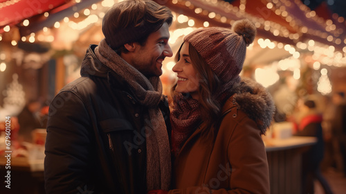 Couple smiling happily on Christmas background Decorated with beautiful blurred lights