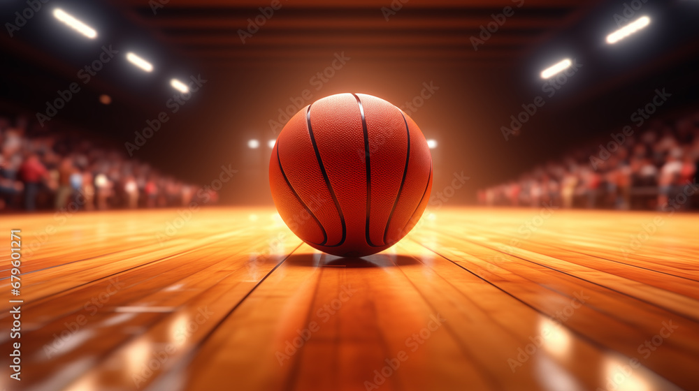 An orange basketball ball on a competitive basketball court. - obrazy, fototapety, plakaty 