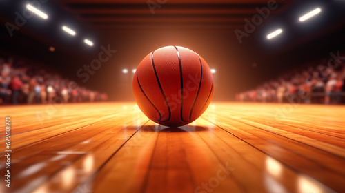 An orange basketball ball on a competitive basketball court. photo