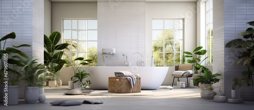 A Luxurious Oasis: The Large, White Bath Tub in a Serene Bathroom Created With Generative AI Technology