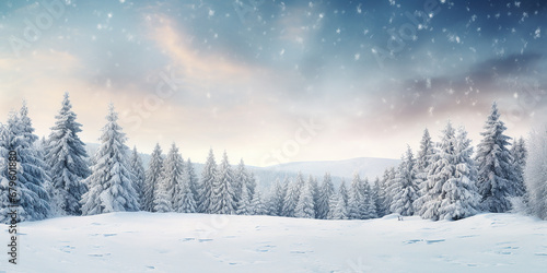 Winter landscape with snow and fir trees as vintage christmas wallpaper © Teerasak