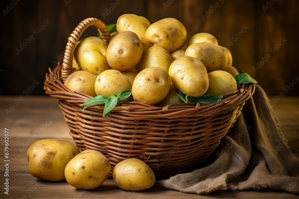 Many potatoes in wicker basket on the table Many potatoes in wicker basket on the table