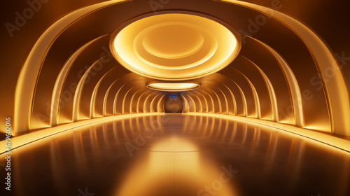 Empty gold tunnel. Technology futuristic background.