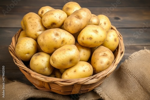 Many potatoes in wicker basket on the table