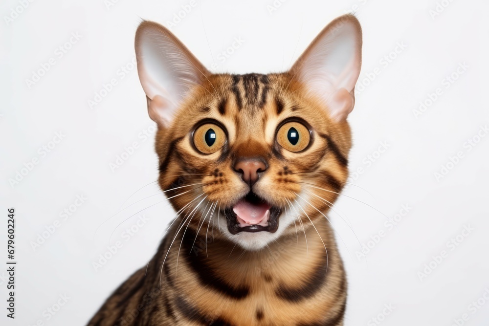 Bengal cat portrait with open mouth and tongue out looking at camera