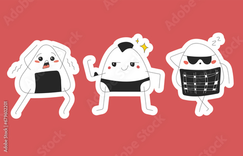 Three stickers Scared, proud and sleeping onigiri on a pink background