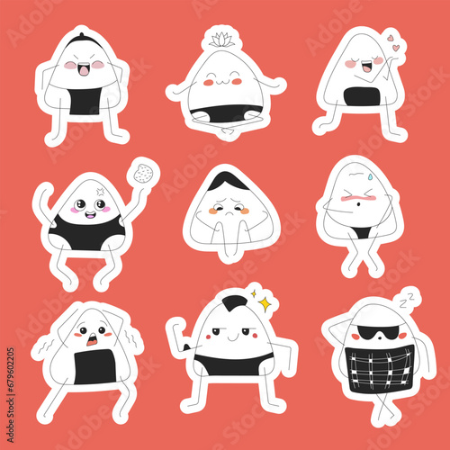 Nine stickers of cute onigiri in nori bikini with different emotions on a pink background