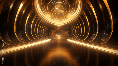 Empty gold futuristic tunnel. Technology Design.