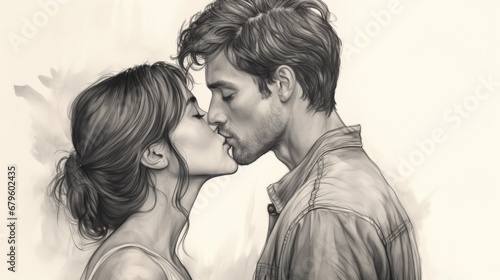 hand sketch in black and white of man and woman kissing, book novel cover photo