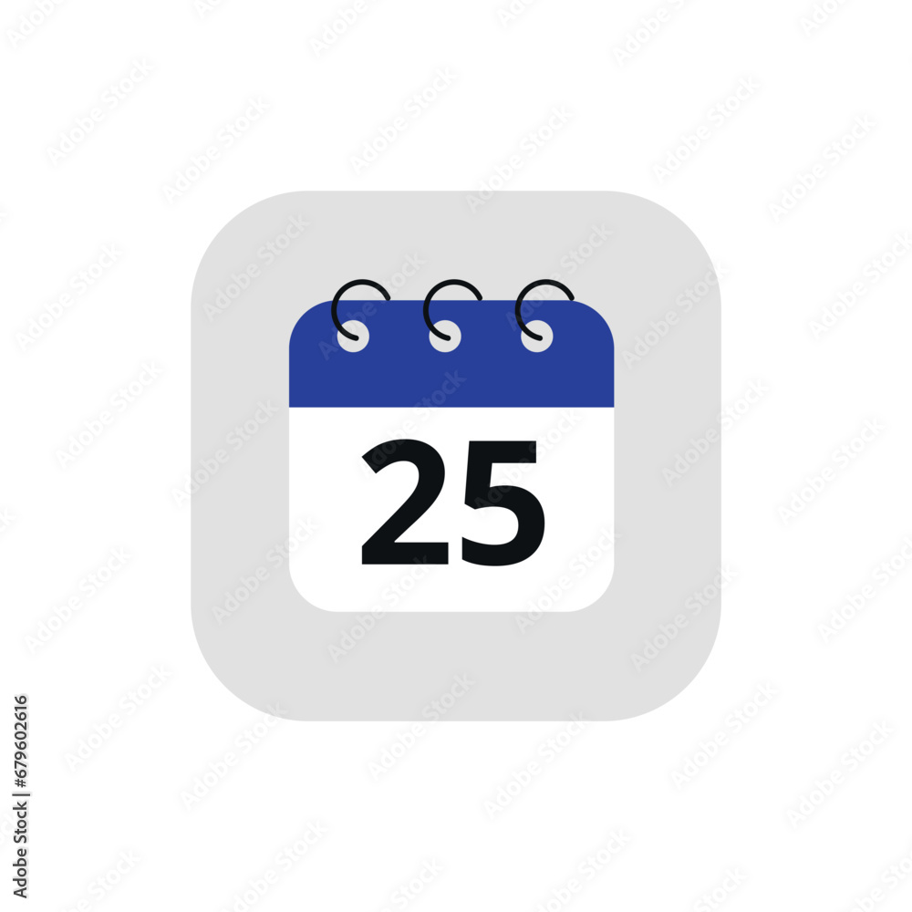 Simple calendar icon with specific day marked. Vector illustration of calendar icon with day 25 marked. Simple calendar icon with specific day marked. Vector illustration of calendar icon with day 25 marked.