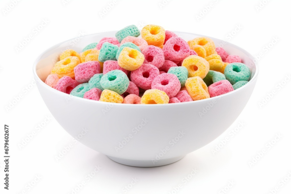 Multicolored cereals in a bowl on white background Multicolored cereals in a bowl on white background