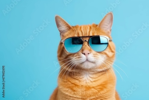 Funny cat wearing sunglasses isolated on light cyan