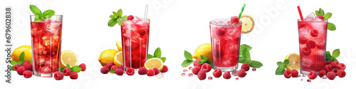 Raspberry lemonade with fresh raspberries and mint  Hyperrealistic Highly Detailed Isolated On Transparent Background Png File