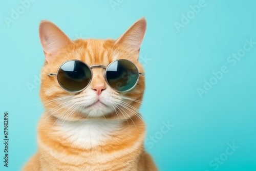 Funny cat wearing sunglasses isolated on light cyan © Muh