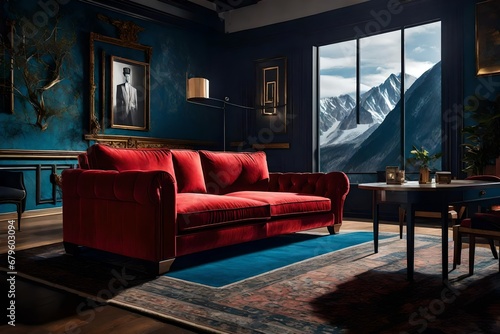 luxarious modern interior room design with red sofa and mountain scenery on its back with awesome view from its window outside mountain with snow falling abstract background 
blue mountain interior  photo