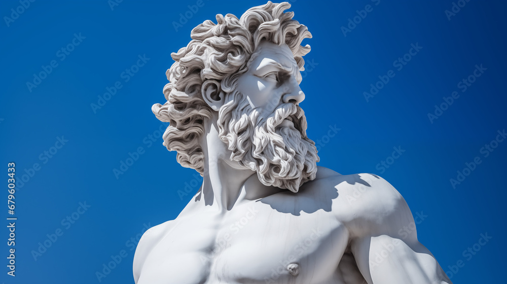 Statue of a Greek Titan: The God Zeus in Marble Against a Clear Blue Sky